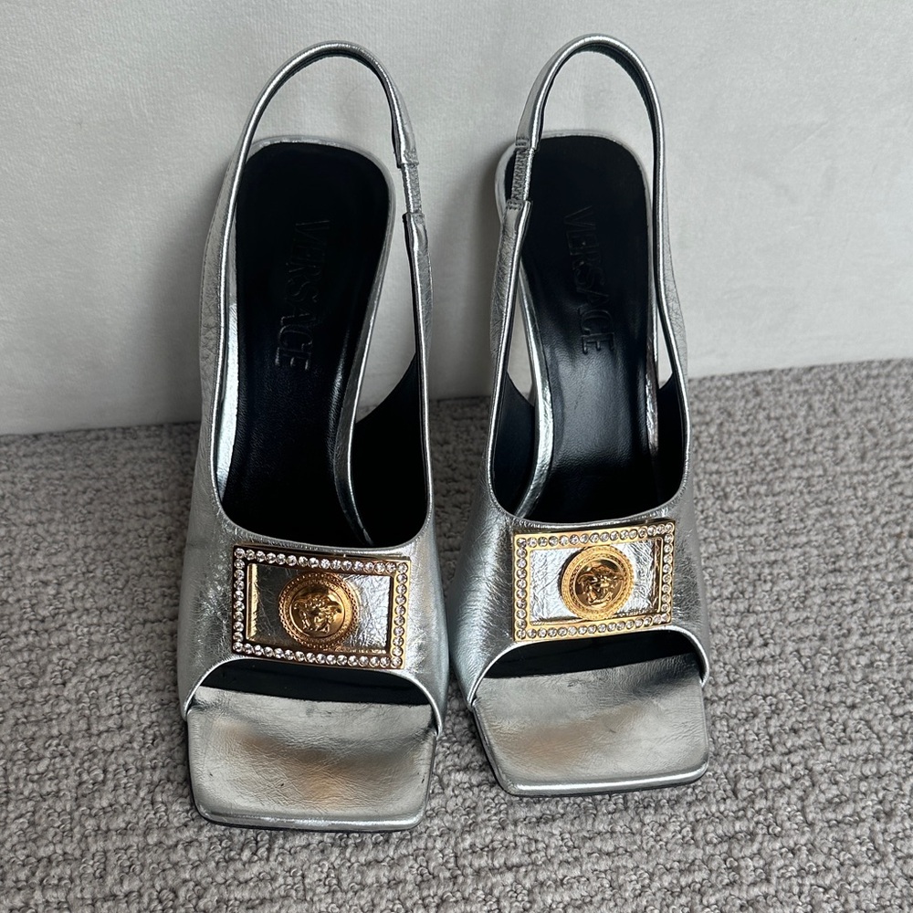 Versace Metallic Silver Slingback Heels with Gold Accent
